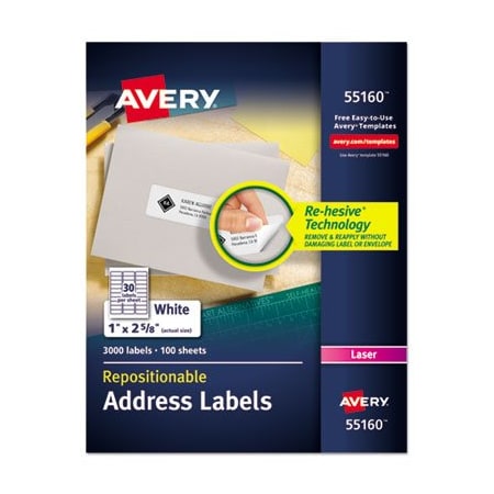 Avery Dennison Avery, REPOSITIONABLE ADDRESS LABELS W/SUREFEED, LASER, 1 X 2 5/8, WHITE, 3000PK 55160